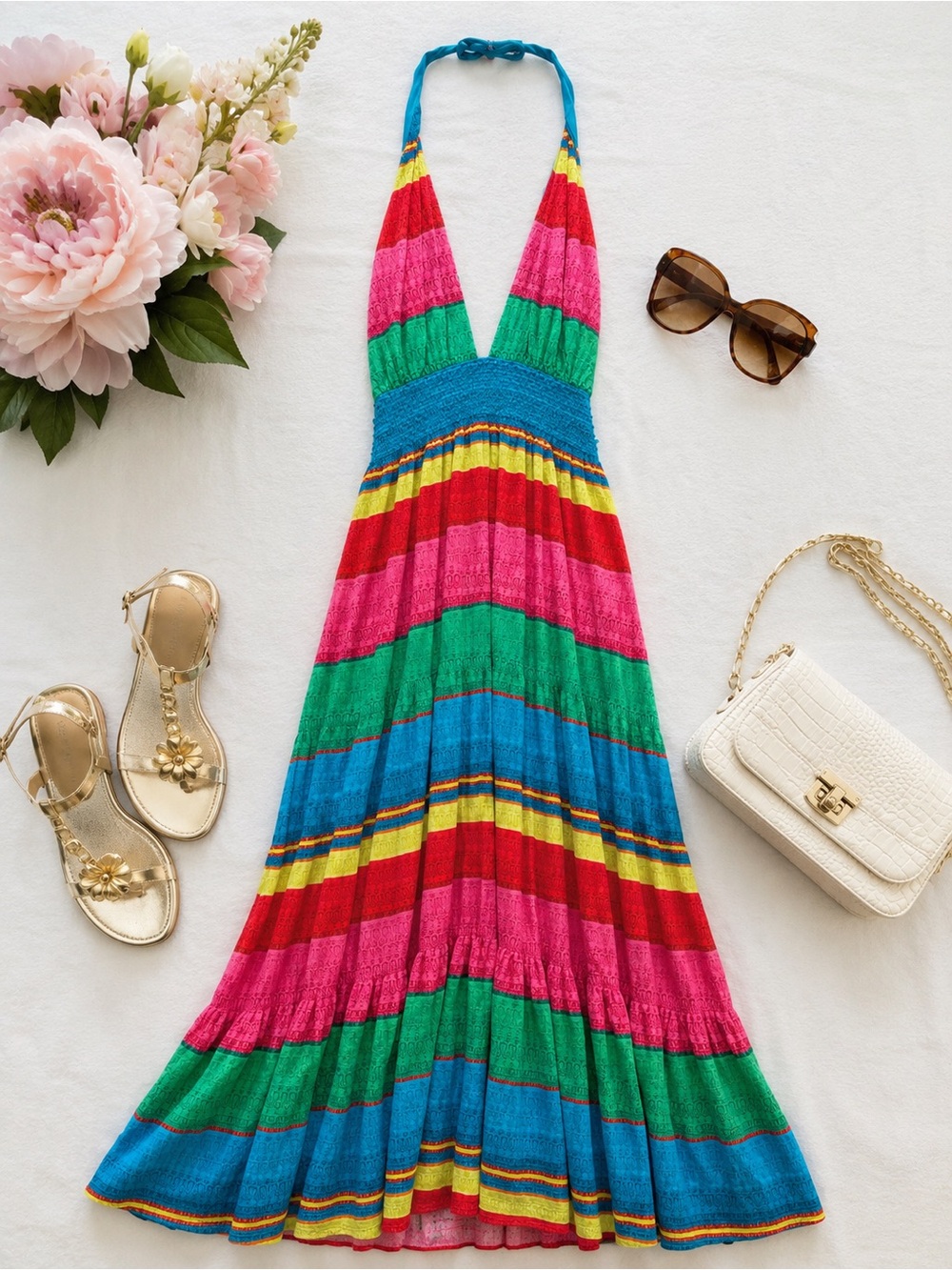 Alice + Olivia Rainbow Stripe Halter‎ Maxi Dress Smocked Waist Size 6